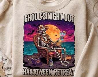 Noc Ghoulsów PNG, projekt sublimacji na Halloween Retreat, plik z upiornym sezonem szkieletów na plaży