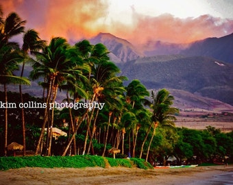 Kaanapali Beach Sunset Photo, Maui Hawaii Palm Trees, Fine Art Print