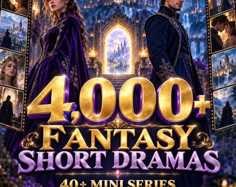 May include: A digital graphic featuring a man and woman in royal attire with a castle background. Large gold text reads 4,000+ FANTASY SHORT DRAMAS, 40+ MINI SERIES, TikTok & Reels, and PLR MRR. Film strips frame the sides with various scenes.
