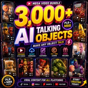 May include: A digital marketing graphic for a 3,000+ AI Talking Objects video bundle. The image features multiple smartphone screens displaying animated fruits and objects with faces, alongside text labels like PLR + MRR, Instant Download, and Easy to Customize.