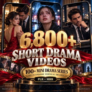 Puede incluir: Una colección digital de 6.800+ videos dramáticos cortos y 100+ miniseries dramáticas con contenido vertical de múltiples episodios. El gráfico muestra escenas cinematográficas de personas con ropa formal y textos dorados.
