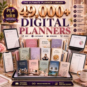 Puede incluir: Un paquete de productos digitales titulado The Ultimate Planner Library con más de 49,000 planificadores digitales. La imagen muestra varias portadas de planificadores en espiral, una tableta, una computadora portátil y un teléfono inteligente.