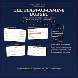 Op de afbeelding: Een digitaal budgetpakket genaamd The Feast-or-Famine Budget, met een tracker voor variabel inkomen, een bufferplanner, een belastingcalculator, wekelijkse inkomensgemiddelden en een angst-check-in kaart op een donkerblauwe achtergrond met gouden tekst.
