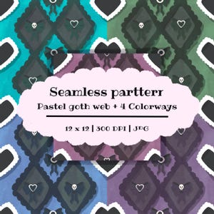 Pode incluir: Um padrão digital sem costuras com uma grelha de diamantes e bordas recortadas brancas. O design inclui laços pretos com caveiras e contornos de corações brancos em quatro fundos: azul-petróleo, verde, azul e roxo. Texto: Seamless partterr, Pastel goth web + 4 Colorways, 12 x 12 | 300 DPI | JPG.