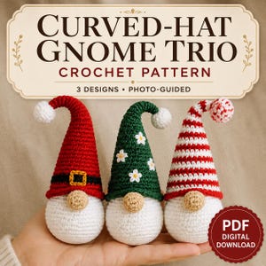 May include: A crochet pattern for a curved-hat gnome trio featuring three handmade gnomes with white bodies and tan noses. One gnome has a red hat with a black belt, one has a green hat with white flowers, and one has a red and white striped hat.