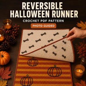 Virkmönster för vändbar Halloween-löpare, pumpaskelettdekor, fotoguided PDF, höstdekoration, direktnedladdning