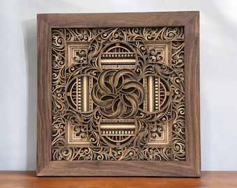 Wall hanging Wall art. Layered wood wall art, home decor in a solid walnut wood frame