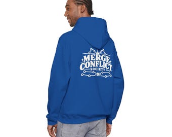 Felpa con cappuccio "Merge Conflict Society", felpa divertente per programmatori, regalo per sviluppatori di software, umorismo tecnico Git, tecnologia dark academia, streetwear per programmatori
