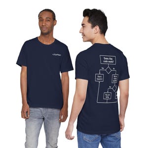 Grappig programmeursshirt, T-shirt met 'Does The Code Work'-stroomschema, cadeau voor software-engineers, T-shirt voor webontwikkelaars, streetwear voor computerwetenschappen en techneuten.