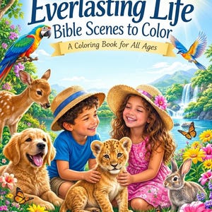 Puede incluir: Un libro para colorear titulado Everlasting Life Bible Scenes to Color A Coloring Book for All Ages con una colorida ilustración de un niño con sombrero de paja y camisa azul y una niña con sombrero de paja y vestido rosa con un cachorro de león.