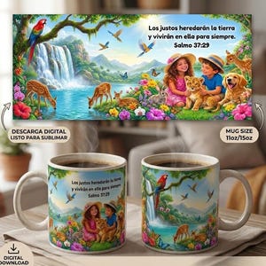 Puede incluir: Dos tazas de cerámica blanca con una ilustración de paisaje colorido que incluye una cascada, un loro, ciervos, un conejo, un cachorro de león, un perro y dos niños. El texto dice: Los justos heredarán la tierra y vivirán en ella para siempre. Salmo 37:29.