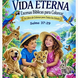 Op de afbeelding: Een kleurboek getiteld Vida Eterna Escenas Bíblicas para Colorear Salmo 37:29 met een levendige illustratie van twee kinderen met hoeden in een weelderig landschap met een golden retriever, een leeuwenwelp, een hert, een konijn en vogels.