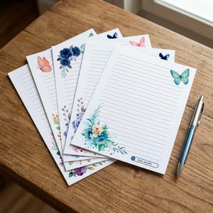 May include: A stack of white lined stationery paper featuring watercolor floral arrangements and butterfly illustrations in various colors. Each sheet includes a small blue rectangular logo with the text Visite JW.ORG at the bottom right corner. A silver and blue ballpoint pen rests beside the paper.