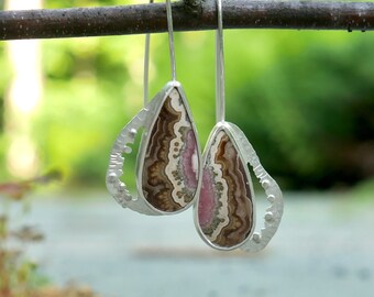Breath Of Fresh Air — A Pair of Rare Plume Rhodochrosite Drop Earrings in Sterling Silver