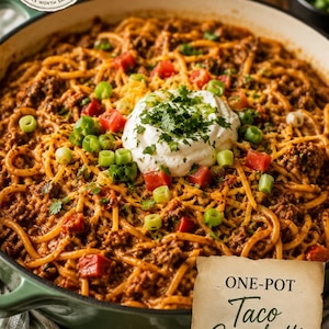 Puede incluir: Una sartén verde llena de espaguetis estilo taco, cubiertos con una cucharada de crema agria blanca, cebollino picado, tomates rojos en dados y cilantro fresco. Una etiqueta de papel muestra THE GOOD LIFE PAPERS y ONE-POT Taco Spaghetti.