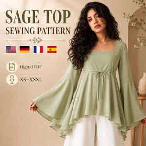 Op de afbeelding: Een saliegroene top met een vierkante halslijn, lange uitlopende mouwen en een strikdetail in de taille. De tekst luidt SAGE TOP SEWING PATTERN, Digital PDF en XS-XXXL. Het ontwerp heeft een asymmetrische zoom en een effen lichtgroene kleur.