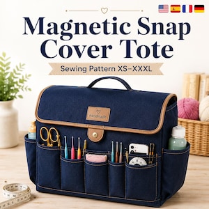 Peut inclure: Un sac fourre-tout en tissu bleu marine avec une fermeture magnétique, doté d'une poignée supérieure, d'un passepoil beige et d'une étiquette en similicuir marquée handmade. L'extérieur possède plusieurs poches avec des outils de couture.