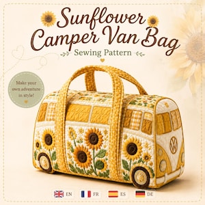 Peut inclure: Un sac en tissu matelassé en forme de van aménagé, orné de motifs de tournesols jaunes et blancs, avec deux anses et un logo VW à l'avant. Le texte indique Sunflower Camper Van Bag Sewing Pattern et Make your own adventure in style!