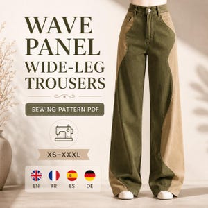 May include: Wide-leg trousers featuring a two-tone design with olive green and tan panels in a wave pattern. The text reads WAVE PANEL WIDE-LEG TROUSERS, SEWING PATTERN PDF, and XS-XXXL. Includes icons for a sewing machine and language options.