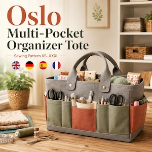 May include: A rectangular multi-pocket organizer tote in gray, olive green, and terracotta canvas. The bag features multiple exterior pockets filled with sewing tools like scissors and pens. Text on the image reads Oslo Multi-Pocket Organizer Tote.
