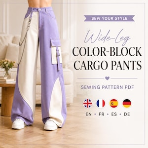 Op de afbeelding: Wide-leg cargo broek met een kleurblokontwerp in lavendel en wit, voorzien van een zilveren ketting op de heup en een zijzak met riem. De tekst luidt SEW YOUR STYLE Wide-Leg COLOR-BLOCK CARGO PANTS SEWING PATTERN PDF.