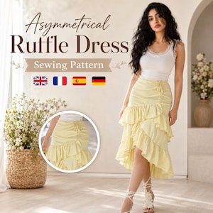 Puede incluir: Un patrón de costura para un vestido asimétrico con volantes que incluye el texto Asymmetrical Ruffle Dress Sewing Pattern. La imagen muestra una falda de color amarillo claro con volantes escalonados y cordón, junto a una camiseta blanca.