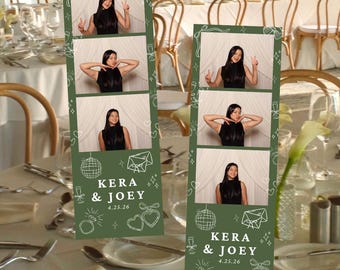 Puede incluir: Dos tiras verticales de fotomatón con borde verde oscuro y dibujos lineales blancos de una bola de discoteca, sobre, anillo y corazones. Cada tira contiene tres fotos de una persona con top negro y el texto KERA & JOEY 4.25.26.