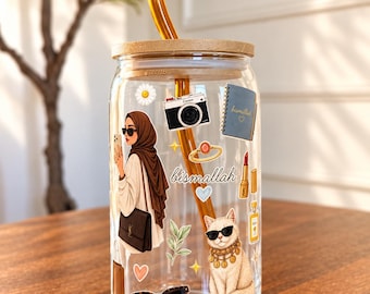 Hijabi Glass Coffee Cup | Cute but Magnouneh Illustration | Glass Tumbler | Arab Middle Eastern Cup | Bismillah Cup | 16oz