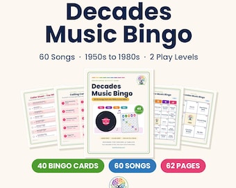 Bingo musical de las décadas para personas mayores / Canciones de los años 50 a los 80, 2 niveles de juego (PDF)