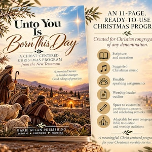 May include: An 11-page Christmas programme titled Unto You Is Born This Day. The cover features a landscape illustration of shepherds and sheep overlooking a town at sunset. The text lists features including scripture, music, and speaking assignments.