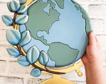 Wooden Globe Sign with Eucalyptus Leaves: Handcrafted Sage Green and Dusty Blue Globe on Gold Base, Classroom or Home Decor