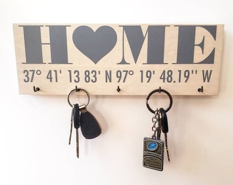 Personalized Home Key Rack - Home Coordinates Key Holder with a Heart - Organizer, Key Hook, Housewarming Gift, New House, Wedding Gift