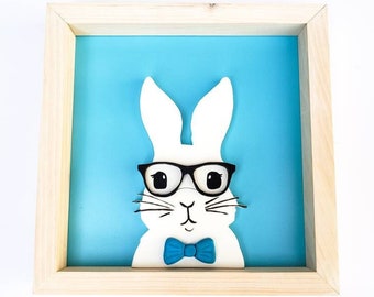 Bunny with Glasses Wooden Decor, Nursery Sign, Nursery Decor, Easter Decorations, Blue and White, Nerdy Rabbit