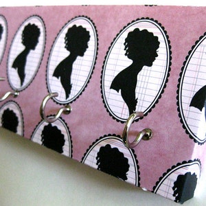 Jewelry Holder and Key Rack Hers Pink and Black, silhouette portrait, feminine, woman, classy, pink, black, white 5 silver hooks image 1