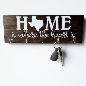 Personalized State Key Rack Texas Home is Where the Heart Is Organizer, Key Hook Housewarming Gift New House Wedding Gift image 1