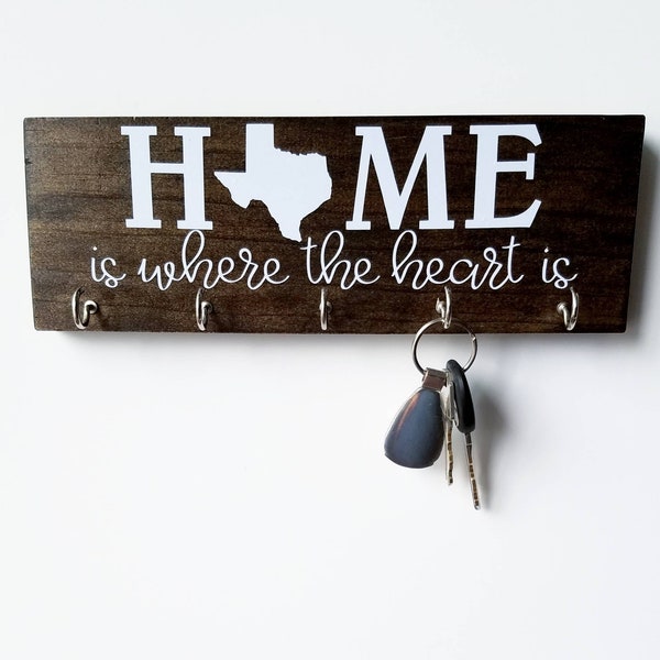 Personalized State Key Rack - Texas Home is Where the Heart Is - Organizer, Key Hook Housewarming Gift New House Wedding Gift