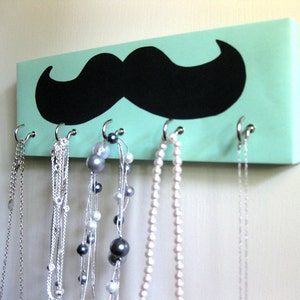 Mustache Key Rack Mustache Jewelry Holder Black Mustache Seafoam Green Aqua Background, light green, light aqua Blue Green image 3