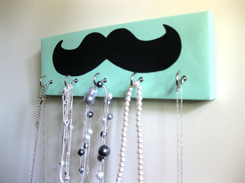 Mustache Key Rack Mustache Jewelry Holder Black Mustache Seafoam Green Aqua Background, light green, light aqua Blue Green image 3