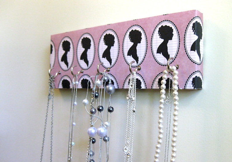 Jewelry Holder and Key Rack Hers Pink and Black, silhouette portrait, feminine, woman, classy, pink, black, white 5 silver hooks image 3