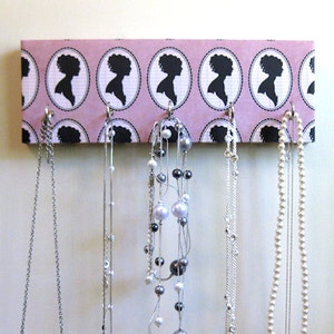 Jewelry Holder and Key Rack Hers Pink and Black, silhouette portrait, feminine, woman, classy, pink, black, white 5 silver hooks image 2