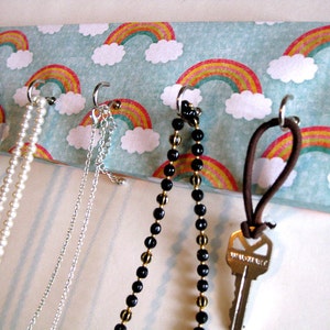 Jewelry Holder and Key Rack Rainbow Clouds and Rainbows, Red, Orange, Yellow, Green, Blue, White Polka Dots 5 nickel hooks image 3