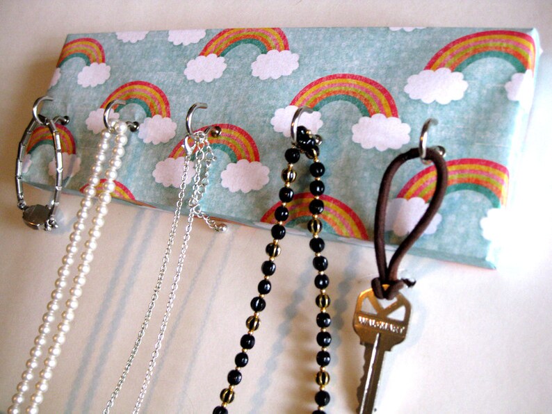 Jewelry Holder and Key Rack Rainbow Clouds and Rainbows, Red, Orange, Yellow, Green, Blue, White Polka Dots 5 nickel hooks image 3