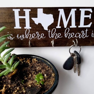 Personalized State Key Rack Texas Home is Where the Heart Is Organizer, Key Hook Housewarming Gift New House Wedding Gift image 4