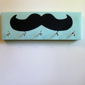 Mustache Key Rack Mustache Jewelry Holder Black Mustache Seafoam Green Aqua Background, light green, light aqua Blue Green image 4