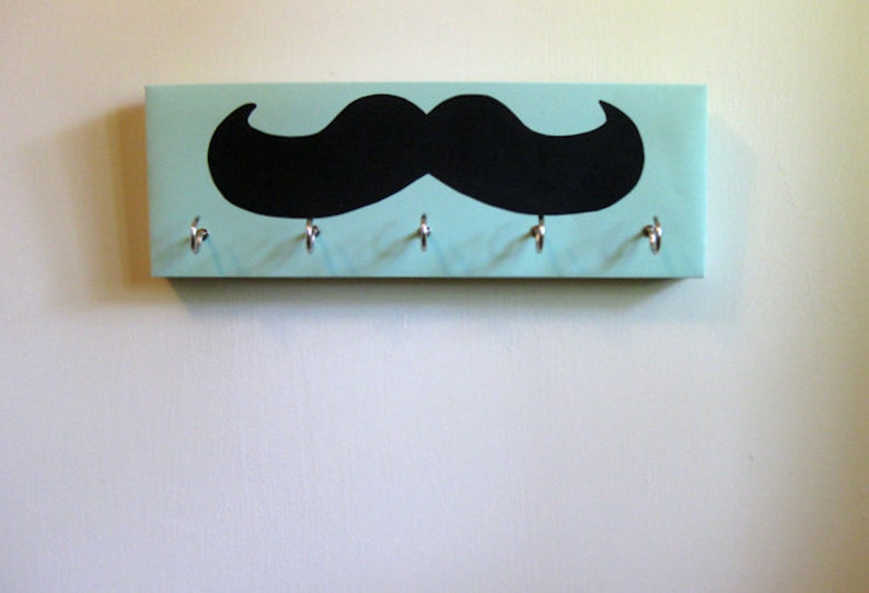 Mustache Key Rack Mustache Jewelry Holder Black Mustache Seafoam Green Aqua Background, light green, light aqua Blue Green image 4