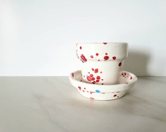 Small Red White and Blue Flower Pot with Matching Saucer Patriotic Pottery