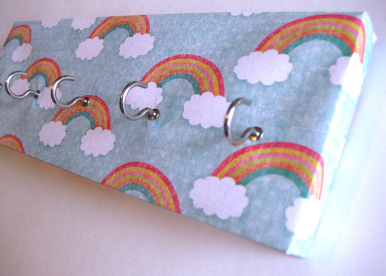 Jewelry Holder and Key Rack Rainbow Clouds and Rainbows, Red, Orange, Yellow, Green, Blue, White Polka Dots 5 nickel hooks image 1