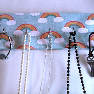 Jewelry Holder and Key Rack Rainbow Clouds and Rainbows, Red, Orange, Yellow, Green, Blue, White Polka Dots 5 nickel hooks image 2