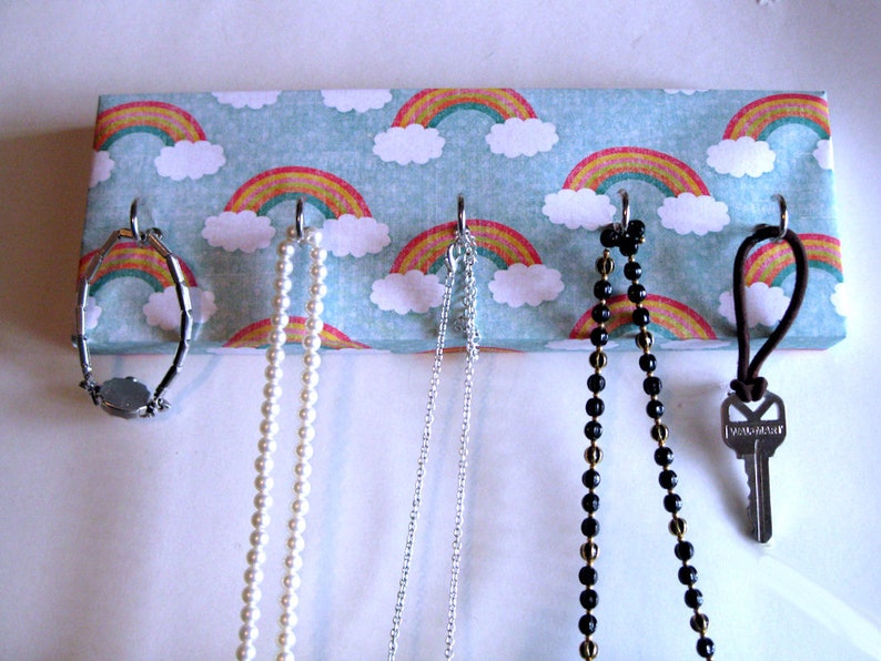 Jewelry Holder and Key Rack Rainbow Clouds and Rainbows, Red, Orange, Yellow, Green, Blue, White Polka Dots 5 nickel hooks image 2