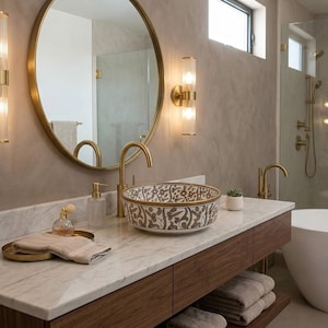May include: A bathroom vanity featuring a white marble countertop, a round vessel sink with a brown and white floral pattern, a gold faucet, and a round gold-framed mirror. Two gold wall sconces with ribbed glass shades flank the mirror.